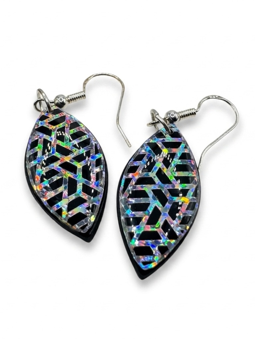 Holographic Black Leaf Dangle Earrings - Women Jewelry